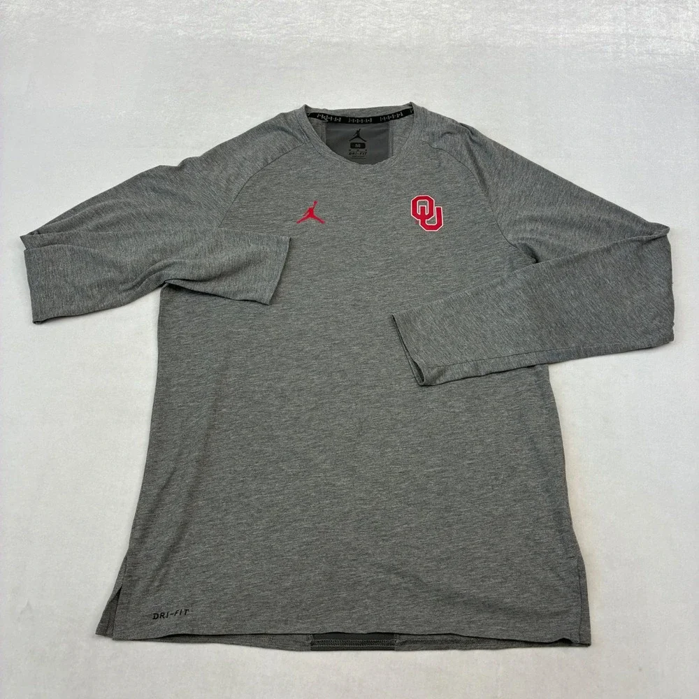 Jordan Oklahoma Sooners Shirt Mens M Gray Long Sleeve Dri-FIT Training OU Logo